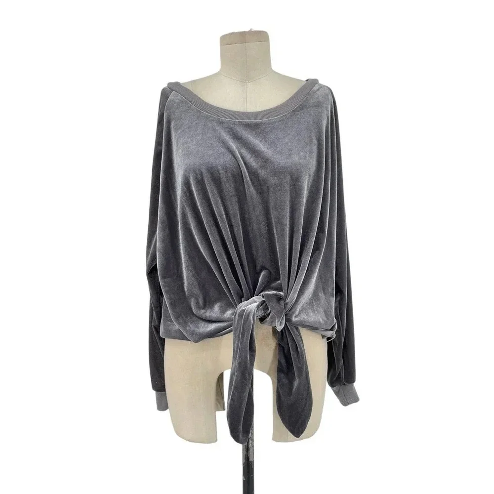 NUDE Apparel Co. Velour Front Tie Knot Pullover Top Gray Size XS‎